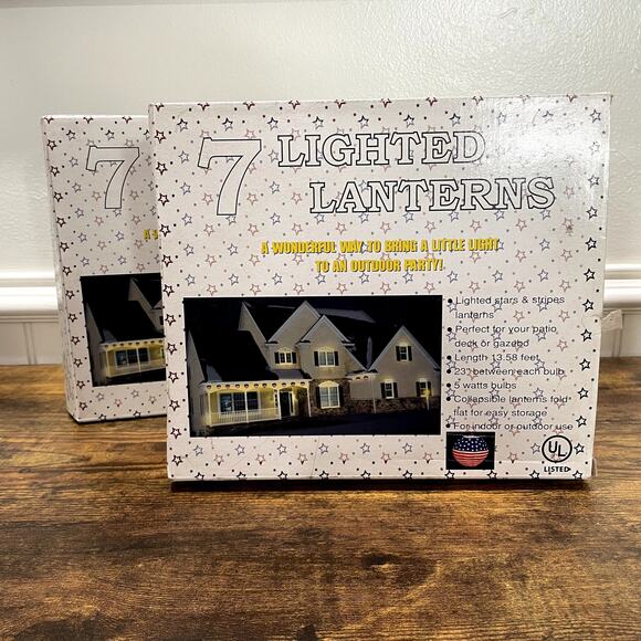 Set of 2 Boxes of 7 Lighted Lanterns Patriotic USA America Vintage Outdoor - Picture 2 of 9